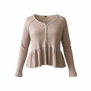 Free People Waffle Knit Peplum Henley Top | Taupe Boho Long Sleeve